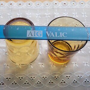 2 Vintage 8 oz Amber Hazel Atlas Lowball/Juice coin dot optic glasses. MCM Retro